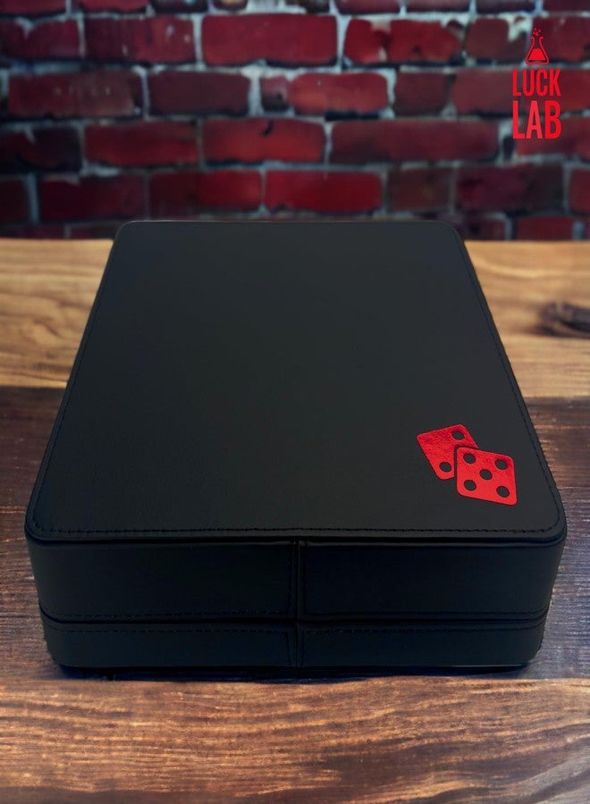 Luck Lab Farkle Dice Tray and Storage Case - Includes Embedded Scoring Combinations, 2 Sets of 6 Pearl Dice, 40 Sheet Score Pad and Pen Holder for The Classic Family Game (Red) - Image 4